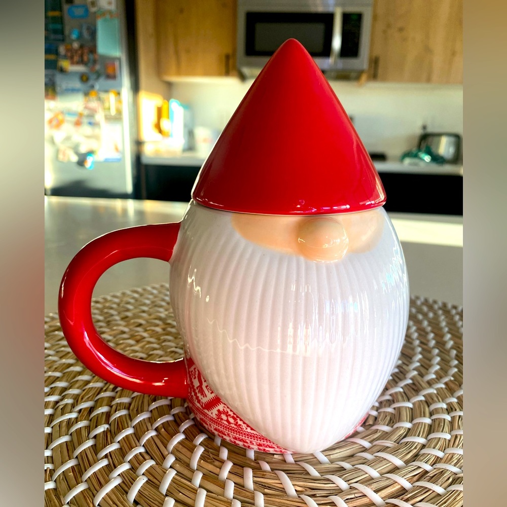 JOANN Red & White Christmas Holiday Santa Gnome Elf Coffee Mug With Lid Top